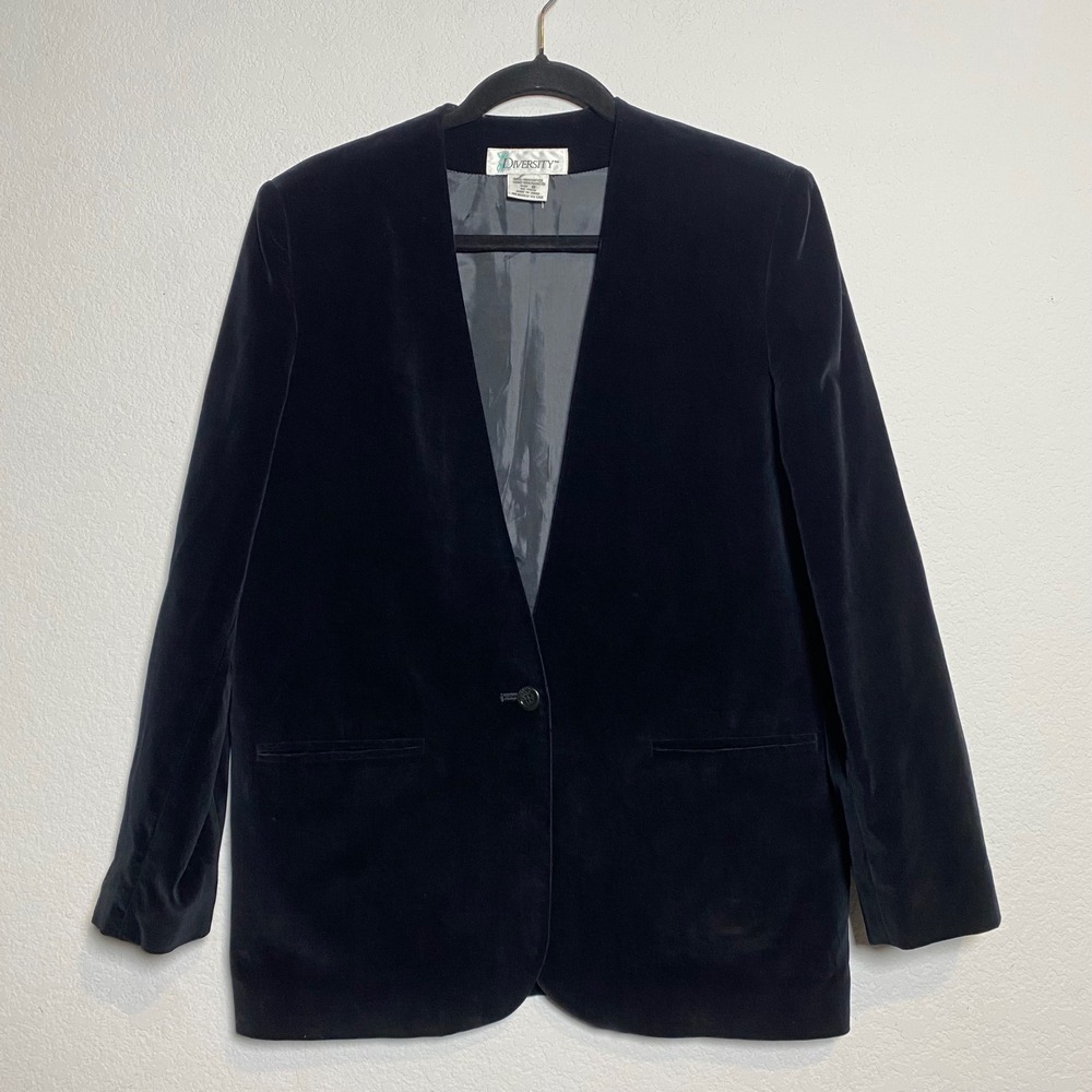 Vintage Diversity Black Velvet Blazer‎ Jacket Womens Size 8 Cotton Blend 80s 90s